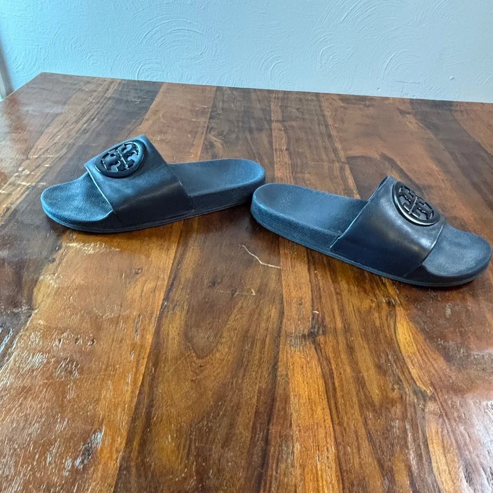 Tory Burch Miller Sport Slides Navy Blue Leather Logo Medallion Sandals Size 9